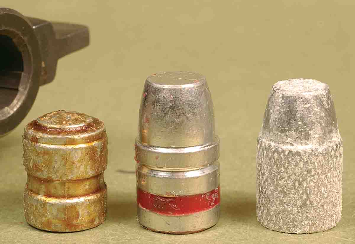 These three lead bullets make the .44 Magnum a versatile cartridge (left to righ): The 200-grain wadcutter is inexpensive and great to shoot at targets. The 250-grain cast bullet can be loaded up to 1,400 fps for big game hunting. The Hornady 240-grain swaged lead bullet makes an easy recoiling target load at 850 fps.